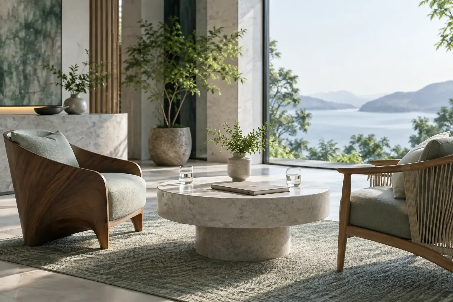 Two chairs and a round table in an imagined coordination lounge