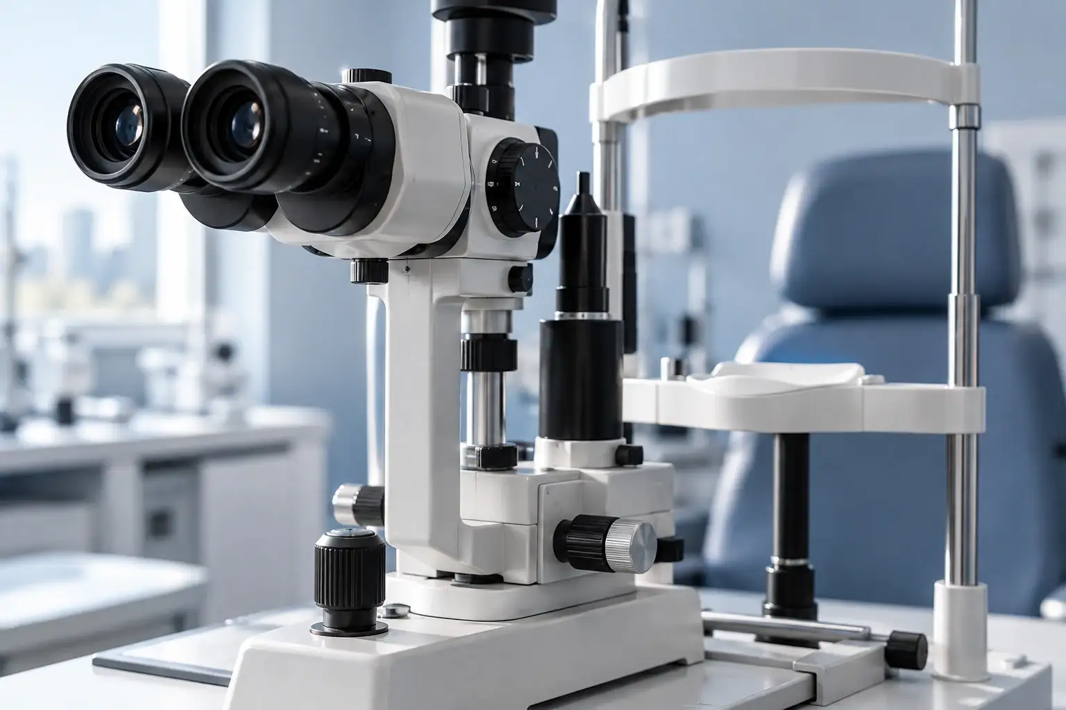 Slit-lamp microscope and chin rest on an ophthalmic examination table
