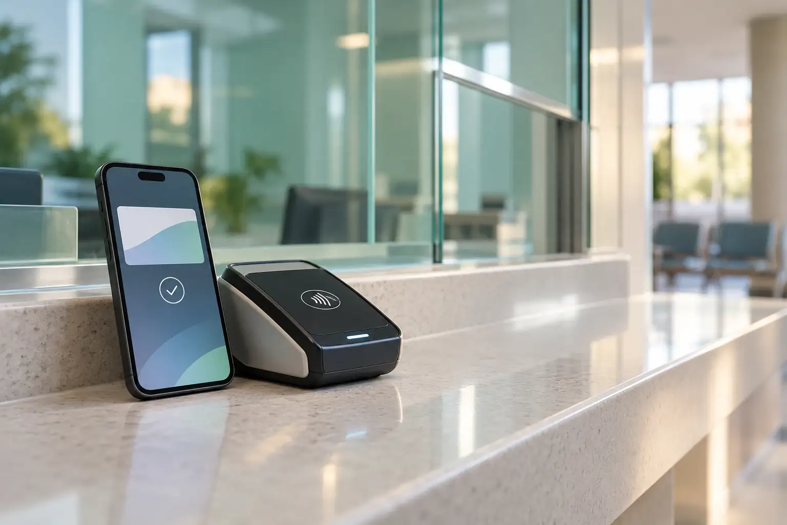 Smartphone and contactless payment terminal at a hospital cashier counter