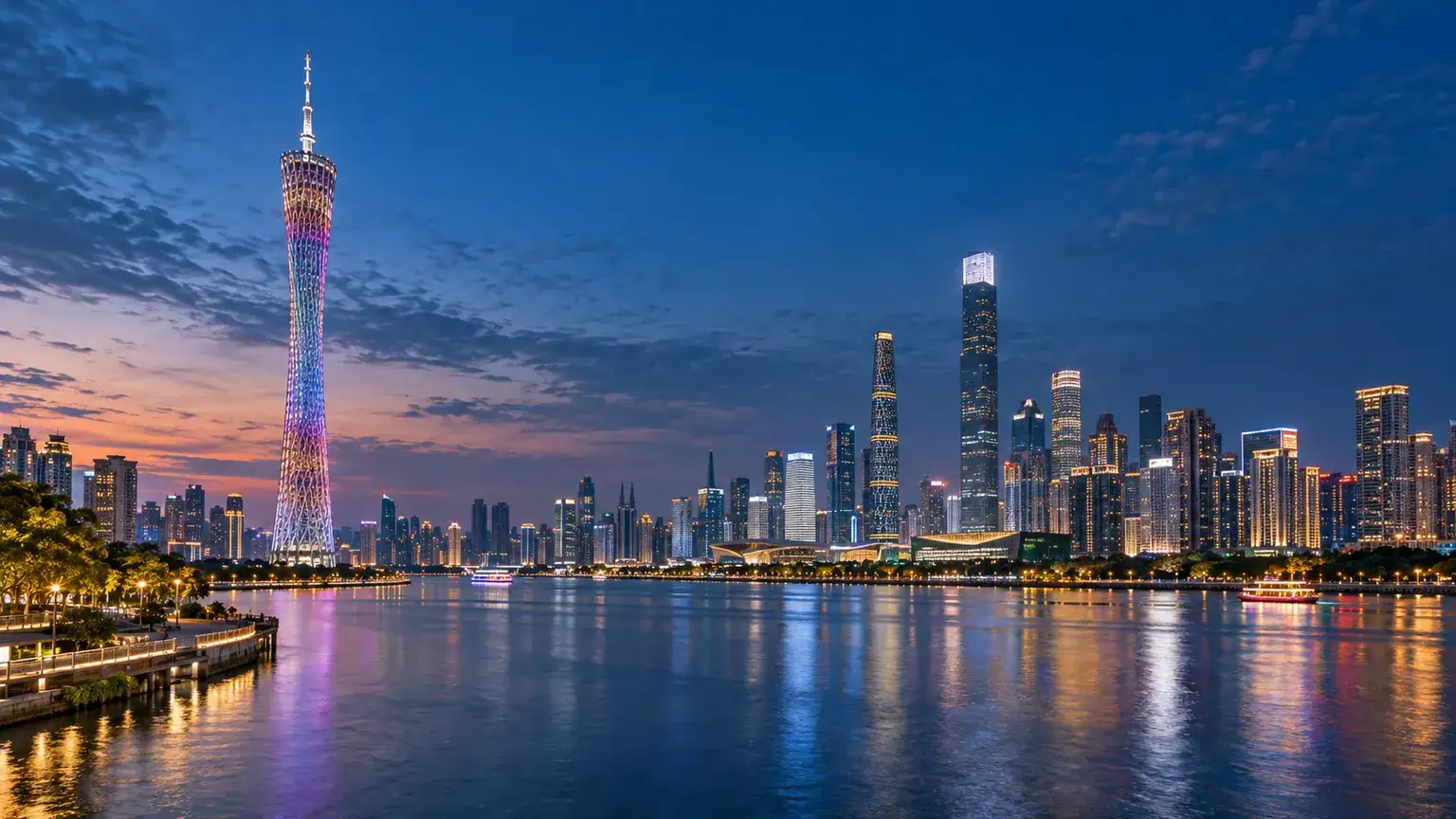 AI city illustration of Guangzhou Canton Tower and the Pearl River at dusk