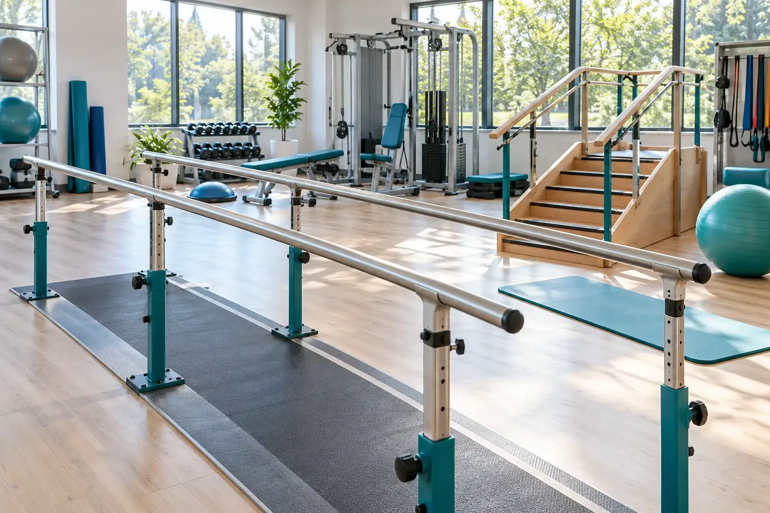 Concept illustration of a rehabilitation gym with parallel bars and exercise equipment