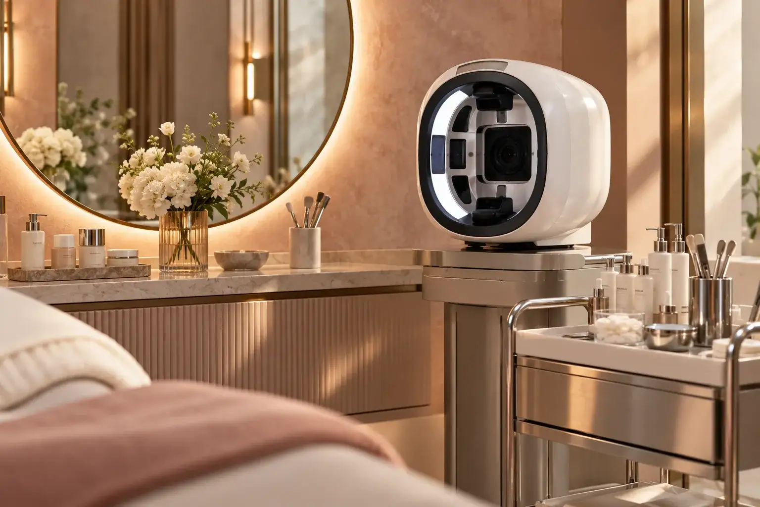 Concept illustration of a skin consultation space with a mirror, flowers and skin analysis equipment