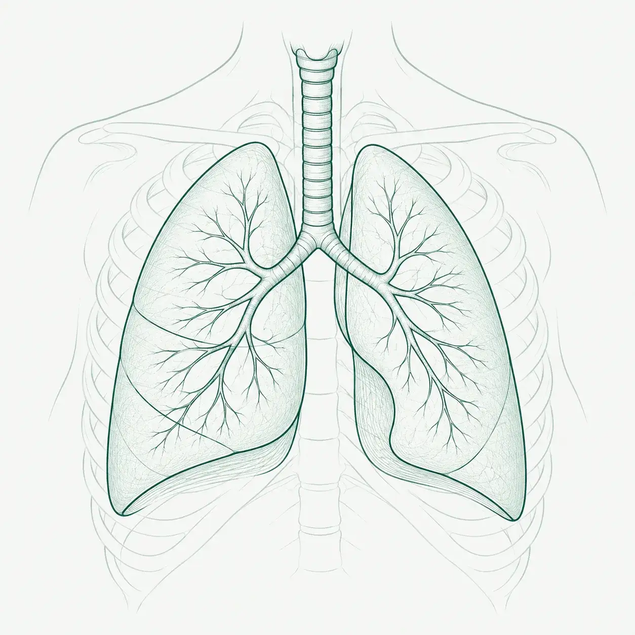 Celadon line illustration of lungs, airways and ribcage